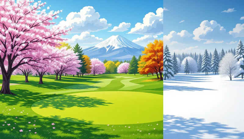 春のゴルフコース：新緑の中での戦略的プレー - illustration for seasonal course changes golf
