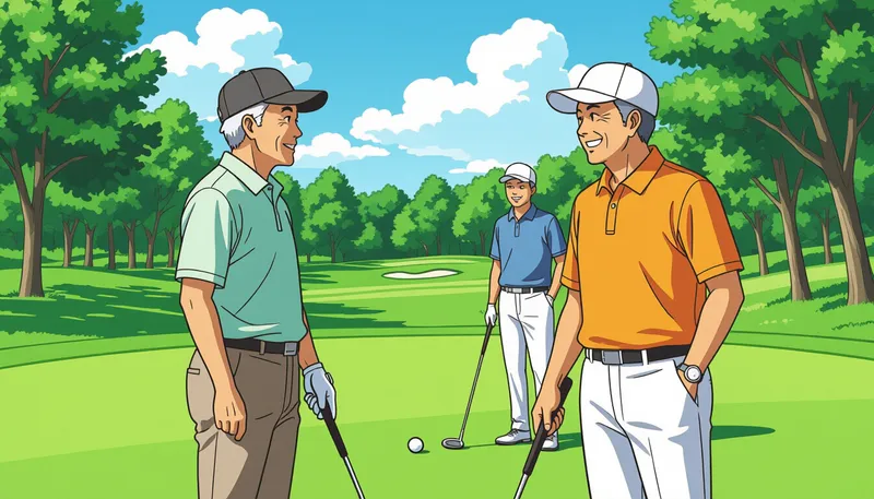 ゴルフスクールとゴルフ練習場での出会い - illustration for senior golf friends making tips