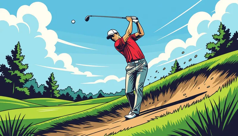 左足下がりの傾斜からの打ち方 - illustration for slope shot technique uneven lies